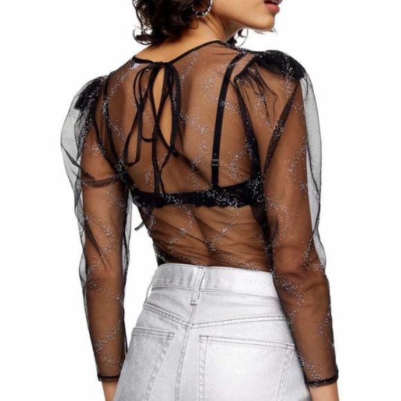 TOPSHOP Crystal Embellished Sheer Mesh Top - Picture 2 of 13